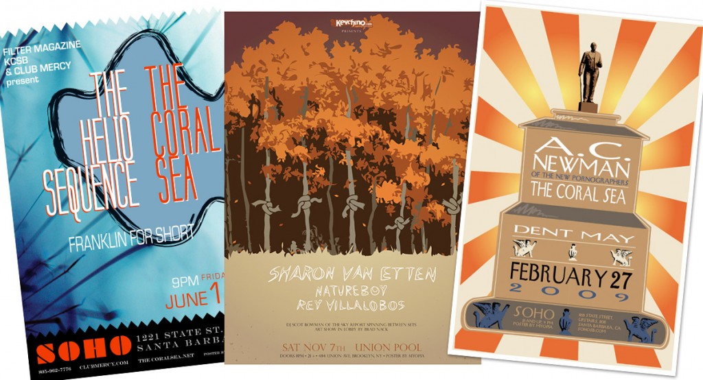 Example of various rock concert poster designs, including The Coral Sea, The Helio Sequence, Sharon Van Etten, Nature Boy, Rey Villalobos, and A. C. Newman