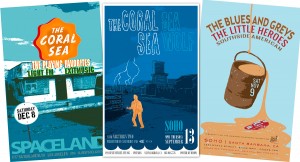 Example of various rock concert poster designs including The Coral Sea, The Playing Favorites, Light FM, ExitMusic, Sea Wolf, The Blues and the Greys, The Little Heroes, and Southside American