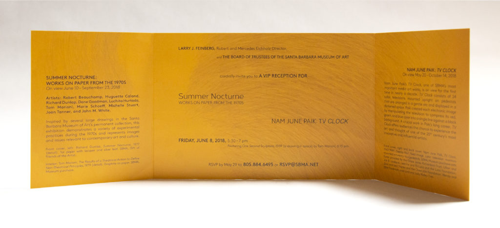Example of an invitation design for the opening of two exhibitions at the Santa Barbara Museum of Art: "Nam June Paik: TV Clock" & "Summer Nocturne;" open view