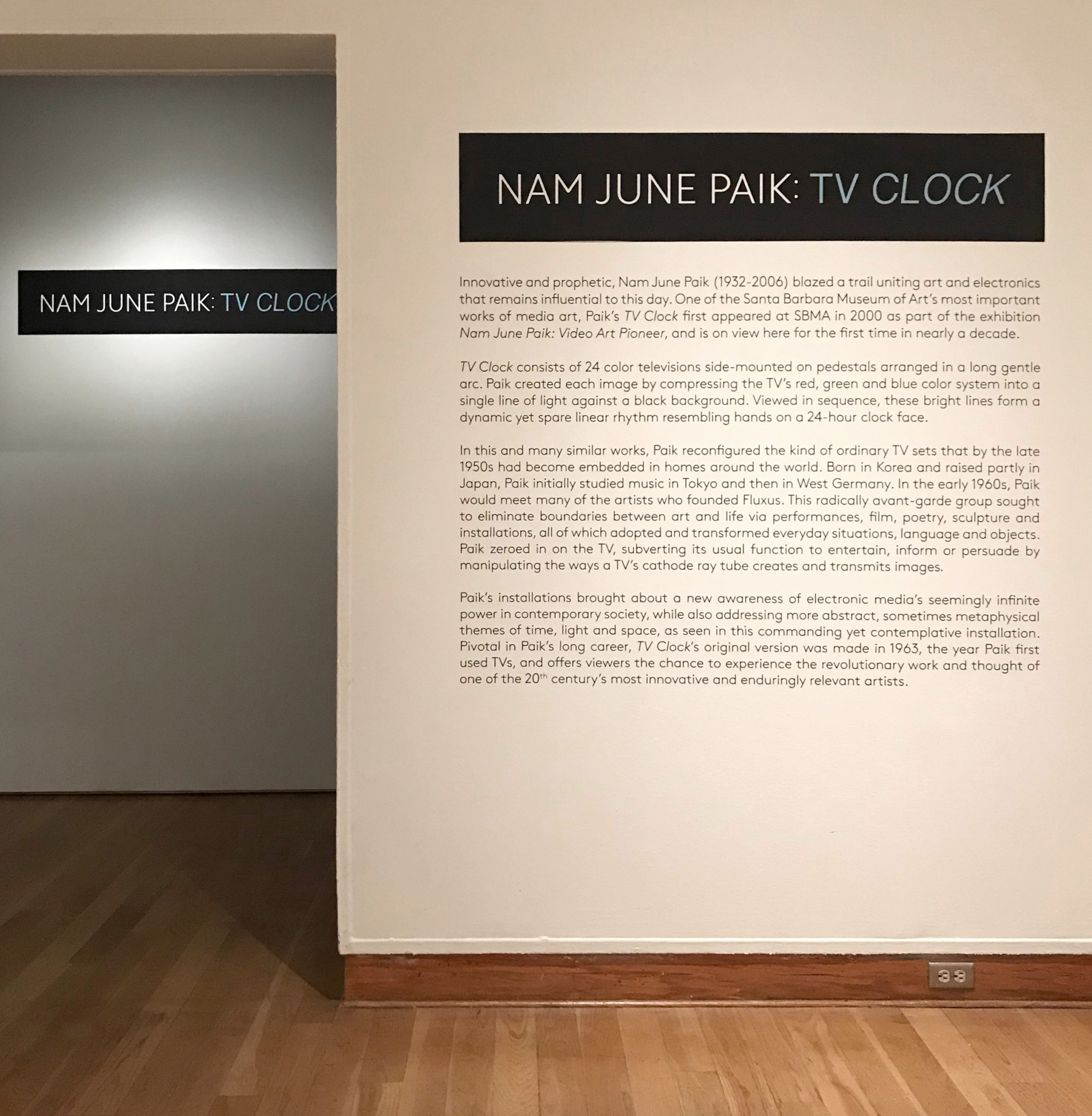 Example of vinyl signage design for the Nam June Paik: TV Clock exhibition at the SBMA