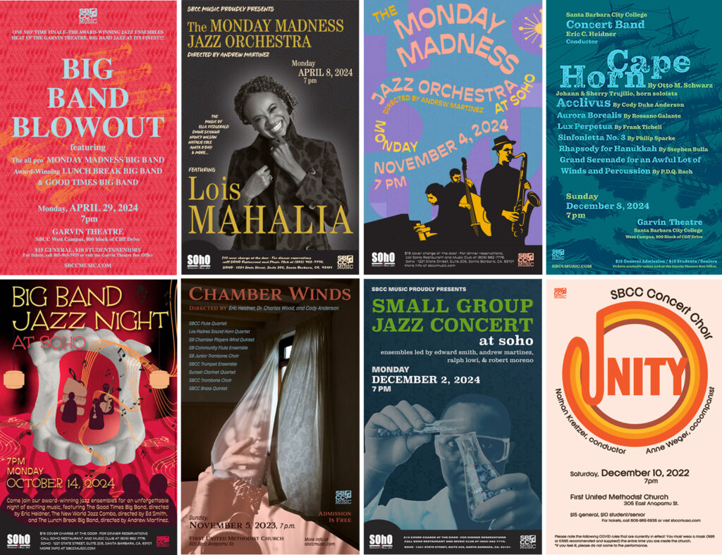 8 Jazz and Classical Music Concert Posters designed for Santa Barbara City College Music Department